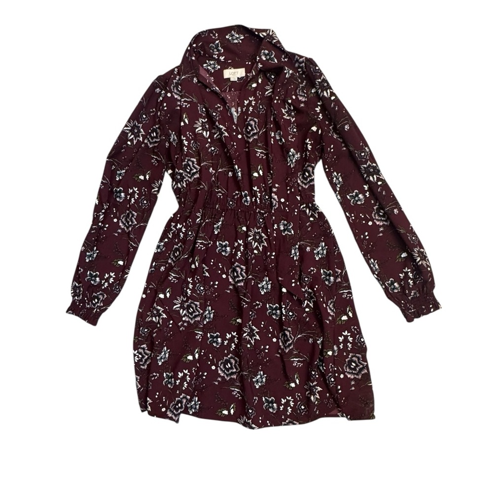 LOFT Floral Tie Neck Mini Dress XS Burgundy Long Sleeve - Picture 6 of 7